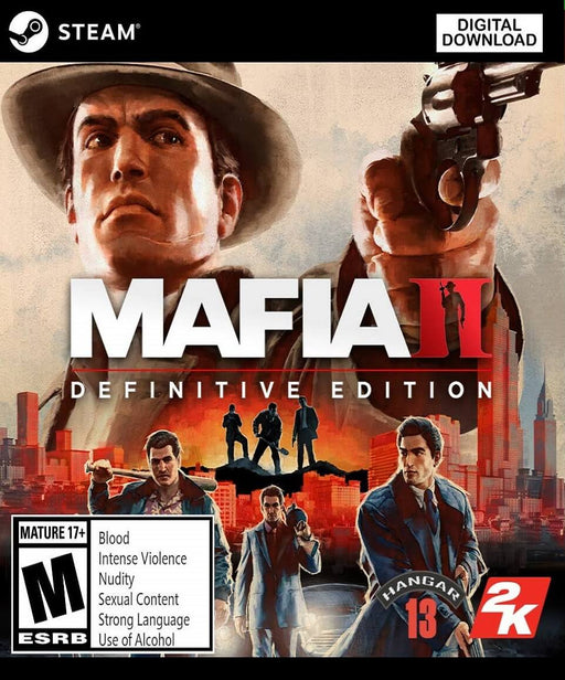 Cover art for Mafia II: Definitive Edition on PC Steam, showing main characters in sharp suits with a dramatic city skyline and a revolver-wielding figure in the background. Buy your Mafia II Steam CD Key today at RushGame.co and experience the remastered classic with updated visuals and gripping narrative