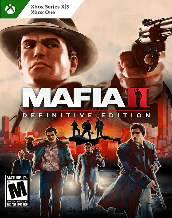 Cover art for Mafia II: Definitive Edition on Xbox One, showcasing a sharply dressed gangster tipping his fedora while holding a Tommy gun, with a classic car and a fiery city skyline in the background. Get your Mafia II Xbox One CD Key now at RushGame.co and step into the world of organized crime with stunning visuals and immersive storytelling