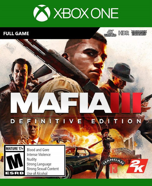 Cover of Mafia III: Definitive Edition for Xbox One, showcasing Lincoln Clay armed with a shotgun and a cast of key characters amid fiery action scenes and classic muscle cars. Get your Mafia III Xbox CD Key now at RushGame.co and experience an intense crime drama in 4K Ultra HD with Xbox One X enhancements
