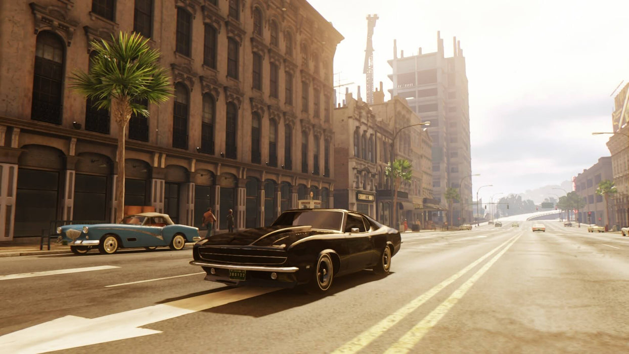 Urban scene from Mafia III: Definitive Edition on Xbox Series X, featuring classic muscle cars and detailed city architecture. Buy your digital CD key now at RushGame.co and dive into the criminal underworld