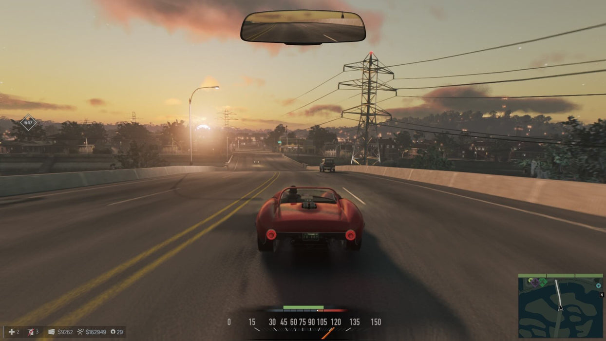 Screenshot from Mafia III: Definitive Edition showing a high-speed car chase on a bridge at sunset, captured on Xbox One. Explore explosive action and immersive storytelling in Mafia III with instant delivery at RushGame.co