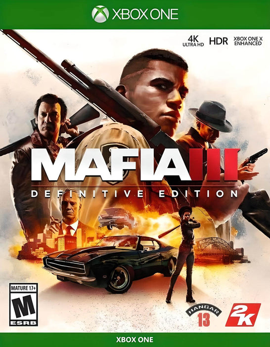 Official cover for Mafia III: Definitive Edition on Xbox One and Xbox Series X|S, showing main character Lincoln Clay armed and ready, with dramatic cityscape, muscle car, and action-packed scenes. Purchase your Mafia III Xbox CD Key (US) now at RushGame.co and experience the ultimate open-world crime saga in stunning 4K HDR