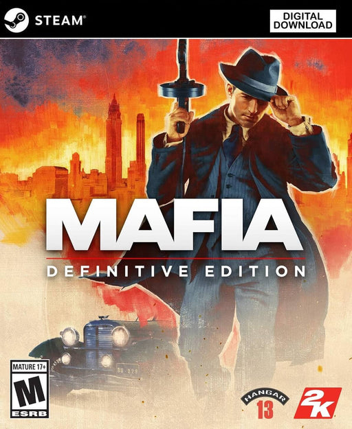 Cover art for Mafia: Definitive Edition on PC Steam, featuring a classic mobster holding a tommy gun against a fiery cityscape. Purchase the EU digital CD key now at RushGame.co and relive this iconic crime saga with modern graphics and gameplay enhancements