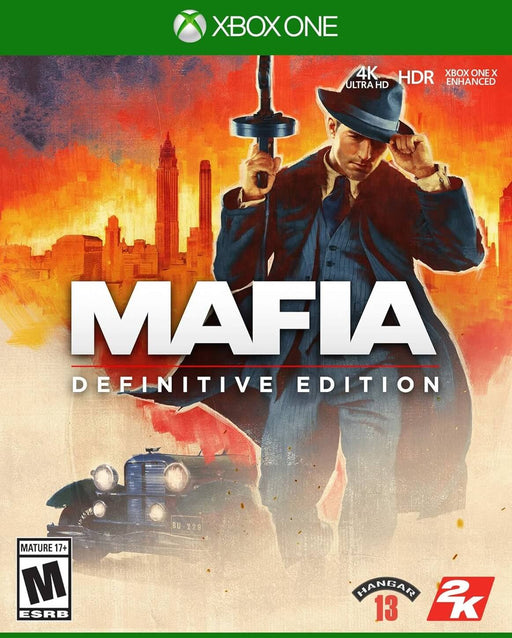 Cover art for Mafia: Definitive Edition on Xbox One, featuring a mobster in a suit holding a tommy gun with a vintage car and a fiery city skyline in the background. Buy your Mafia: Definitive Edition Xbox One CD Key US now at RushGame.co for an immersive 4K remastered crime experience