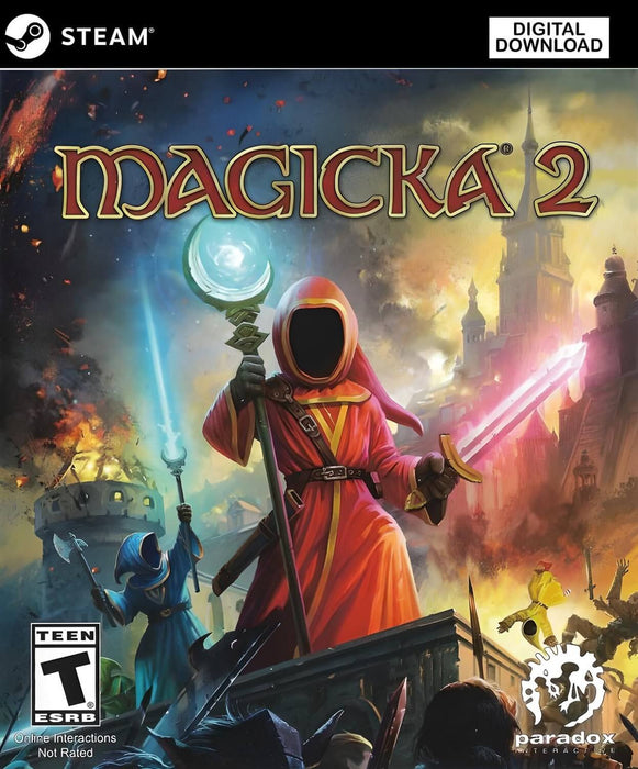 Cover art for Magicka 2 on PC Steam, showing a hooded wizard wielding a glowing staff and magical sword amidst a chaotic fantasy battle scene. Purchase your Magicka 2 Steam CD Key now at RushGame.co and unleash powerful elemental spells in this hilarious co-op adventure