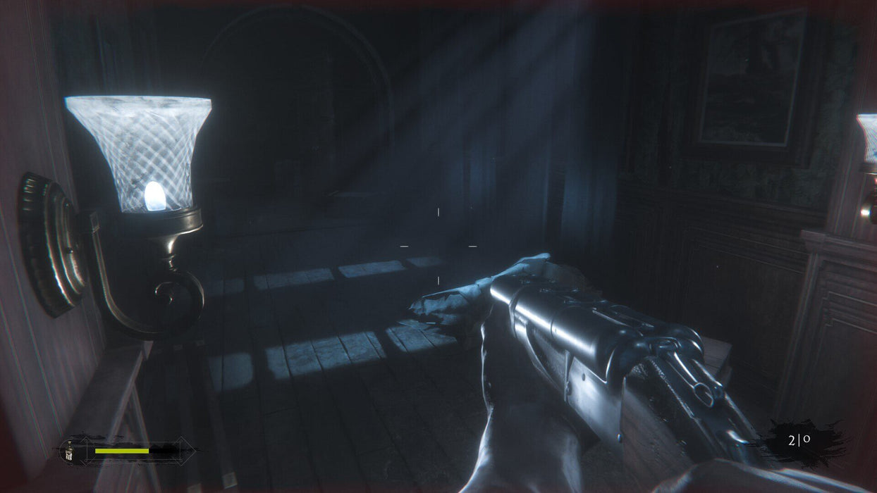 A first-person view of a shotgun-wielding protagonist exploring a dark, abandoned hallway in Maid of Sker on Steam. Experience the tension firsthand by purchasing your PC game key from RushGame.co