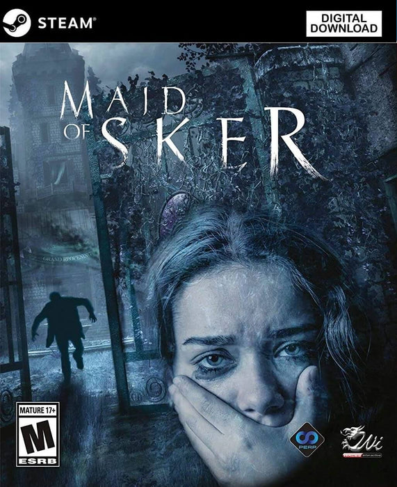 Cover image for Maid of Sker on PC Steam, featuring a terrified woman silenced by her own hand with a haunted mansion and shadowy figure looming in the background. Get your Maid of Sker Steam CD Key now at RushGame.co and uncover chilling secrets in this first-person survival horror experience
