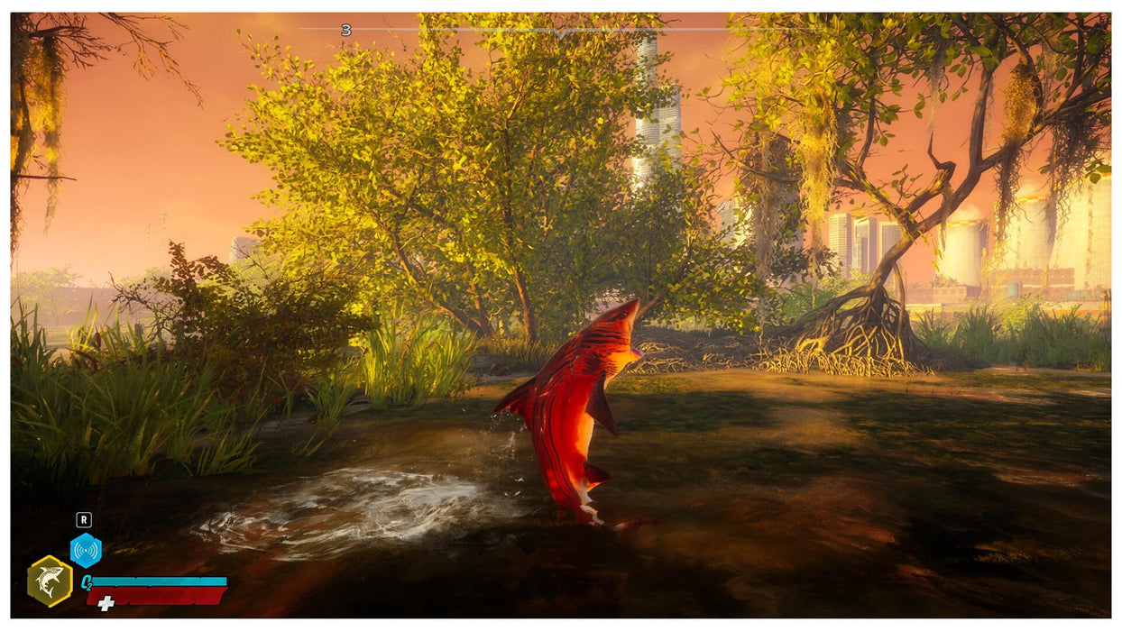 Action shot from Maneater Apex Edition showing a shark leaping out of the water in a swampy area at sunset, with city buildings in the distance. Discover the thrilling evolution of your predator—get the CD Key now at RushGame.co