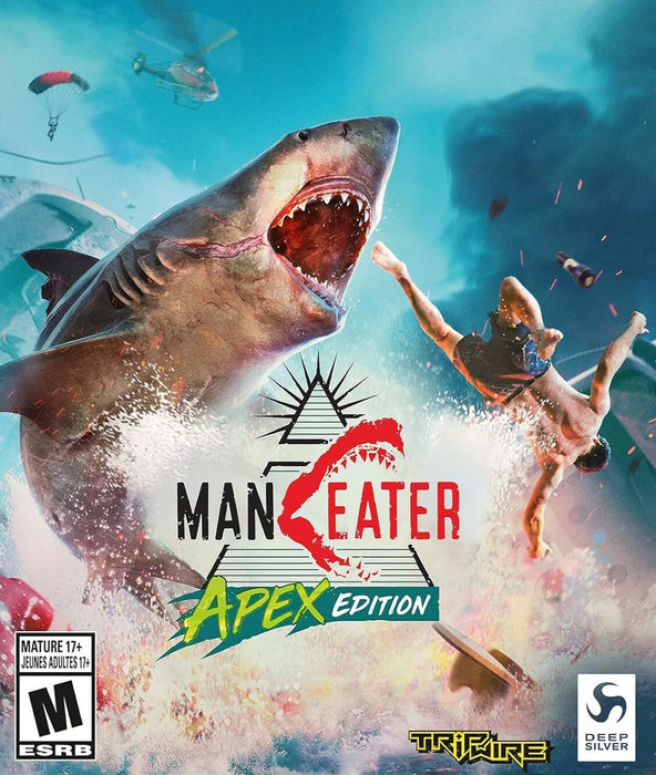 Cover art for Maneater: Apex Edition on PC via Epic Games, featuring a massive shark leaping from the ocean with a human victim flying through the air amid chaos. Buy your Maneater Apex Edition Epic Games CD Key at RushGame.co and unleash your inner predator in this action-packed open-world shark RPG