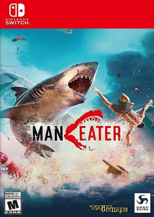 Cover image of Maneater for Nintendo Switch (North America), featuring a ferocious shark leaping out of the ocean to attack a man mid-air, with explosions and chaos in the background. Purchase your Maneater Nintendo Switch CD Key NA now at RushGame.co and experience the thrill of underwater predator action anytime, anywhere