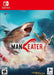 Cover image of Maneater for Nintendo Switch (North America), featuring a ferocious shark leaping out of the ocean to attack a man mid-air, with explosions and chaos in the background. Purchase your Maneater Nintendo Switch CD Key NA now at RushGame.co and experience the thrill of underwater predator action anytime, anywhere