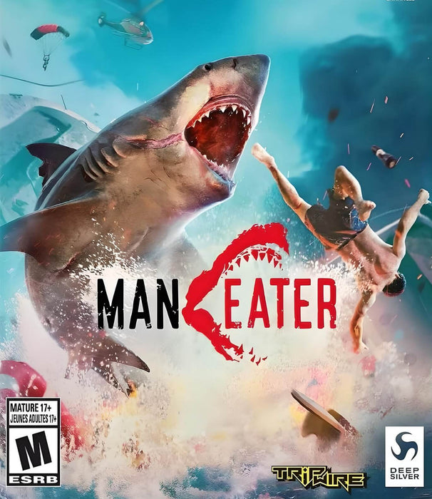 Official cover art for Maneater on PC (Epic Games), showing a massive shark leaping out of the water to attack a man in mid-air, with helicopters and chaos in the background. Buy your Maneater PC Epic Games CD Key now at RushGame.co and become the ultimate predator in this thrilling open-world action RPG