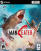 Official cover art of Maneater for PC Steam, showing a massive shark lunging at a man above the water amidst explosive action. Buy your Maneater Steam CD Key today at RushGame.co and dive into the ultimate open-world shark RPG