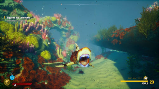 A fierce shark swims through vibrant coral reefs and colorful sea life in Sapphire Bay in Maneater on Steam, Dive into this underwater world and get your Steam game key at RushGame.co