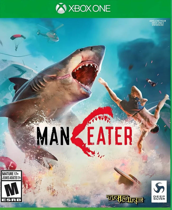 Cover art of Maneater for Xbox One, featuring a fearsome shark leaping from the water to attack a man mid-air. Get your Maneater Xbox One CD Key now at RushGame.co and experience the thrill of being the apex predator