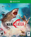 Cover art of Maneater for Xbox One, featuring a fearsome shark leaping from the water to attack a man mid-air. Get your Maneater Xbox One CD Key now at RushGame.co and experience the thrill of being the apex predator