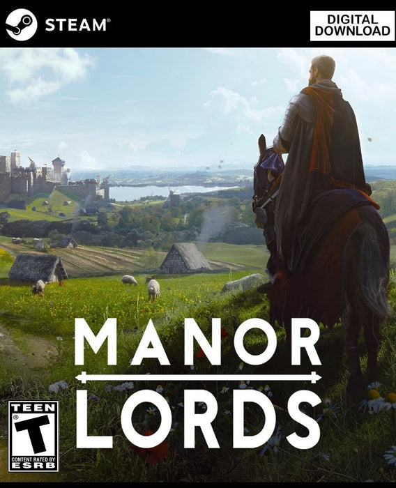 Cover image of Manor Lords for PC Steam, depicting a medieval lord on horseback overlooking a vast feudal landscape with farmlands, sheep, and a distant castle. Buy your Manor Lords Steam CD Key at RushGame.co and build your own medieval empire today