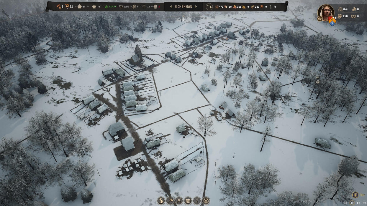 An aerial view of a snow-covered medieval village in Manor Lords on PC Steam, showcasing a detailed settlement layout with various buildings and pathways. Build your own thriving manor and explore this immersive strategy game. Purchase your Steam key at RushGame.co