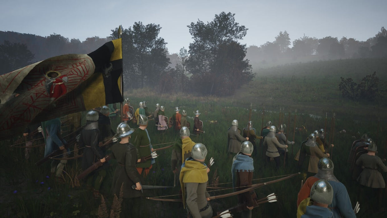  A close-up of troops lined up for battle in Manor Lords on PC Steam, featuring archers and soldiers preparing for combat. Experience large-scale medieval warfare. Buy your Steam game key at RushGame.co today