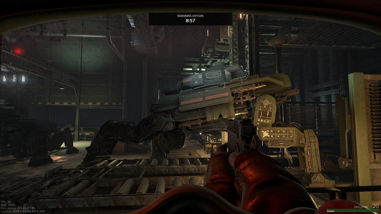 A player inside a dark industrial environment in Marauders on PC Steam, aiming at a large mechanical walker. Buy your Marauders Steam key now at RushGame.co