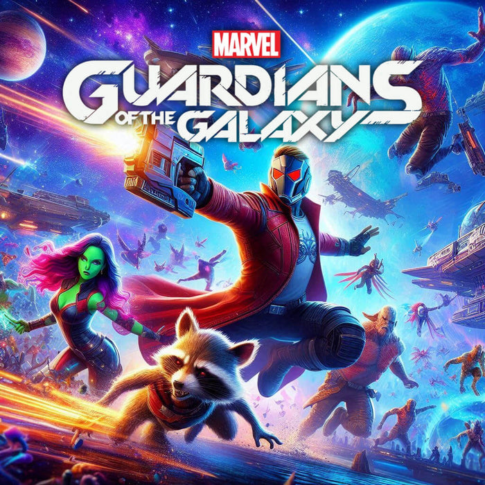 Game cover for Marvel’s Guardians of the Galaxy featuring Star-Lord, Rocket, Gamora, Drax, and Groot in a cosmic battle scene. Buy your PC Steam digital key at RushGame.co and experience an epic space adventure with the Guardians today