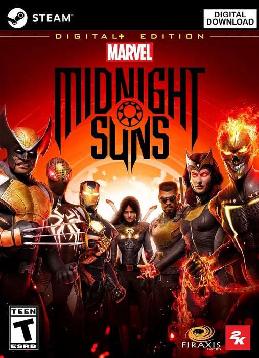 Cover art for Marvel's Midnight Suns Digital+ Edition on PC, featuring Wolverine, Iron Man, Blade, Ghost Rider, and other heroes in a fiery lineup. Purchase the Steam digital key at RushGame.co to unlock the ultimate supernatural Marvel strategy experience
