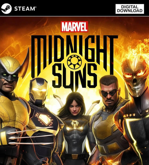 Marvel's Midnight Suns cover art for PC Steam, featuring Wolverine, Iron Man, Blade, Ghost Rider, and other iconic heroes ready for battle. Buy your Marvel's Midnight Suns Steam CD Key now at RushGame.co and experience epic tactical combat