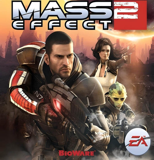 Cover art for Mass Effect 2 on PC via EA Play, featuring Commander Shepard with squad members Miranda Lawson and Thane Krios ready for battle. Get your Mass Effect 2 EA Play CD Key now at RushGame.co and continue the legendary sci-fi saga