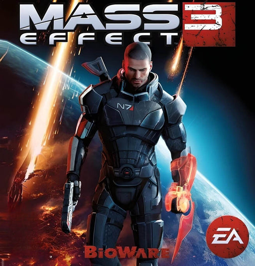 Mass Effect 3 cover art for PC via EA Play, featuring Commander Shepard in N7 armor standing against a backdrop of galactic destruction. Buy your Mass Effect 3 EA Play CD Key now at RushGame.co and lead the final battle to save the galaxy
