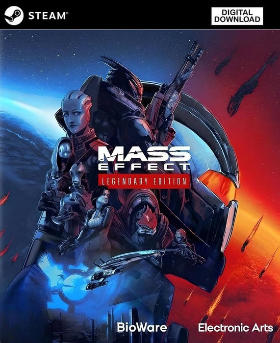 Mass Effect Legendary Edition cover art for PC Steam, showcasing Commander Shepard and beloved squadmates from the entire trilogy against a galactic backdrop. Get your Mass Effect Legendary Edition Steam CD Key now at RushGame.co and experience the ultimate remastered space RPG adventure