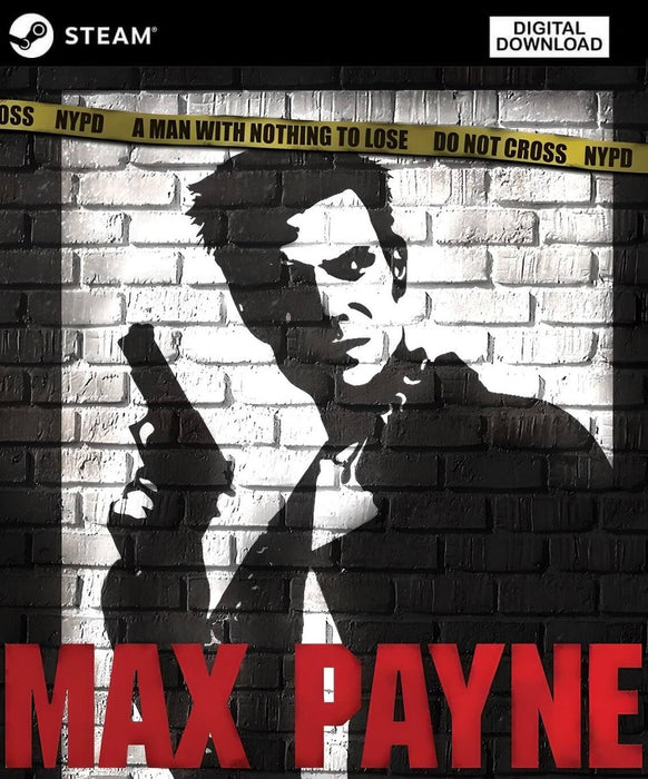  Max Payne cover art for PC Steam, featuring a noir-style stencil of Max Payne with a gun against a brick wall, marked by NYPD tape and the tagline “A man with nothing to lose.” Get your Max Payne Steam CD Key now at RushGame.co and dive into this iconic cinematic action shooter