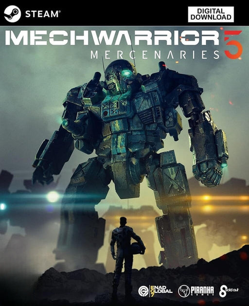 MechWarrior 5: Mercenaries cover art for PC Steam, featuring a towering battle mech facing a pilot in a dystopian battlefield. Buy your MechWarrior 5 Steam CD Key now at RushGame.co and take command in explosive mech warfare