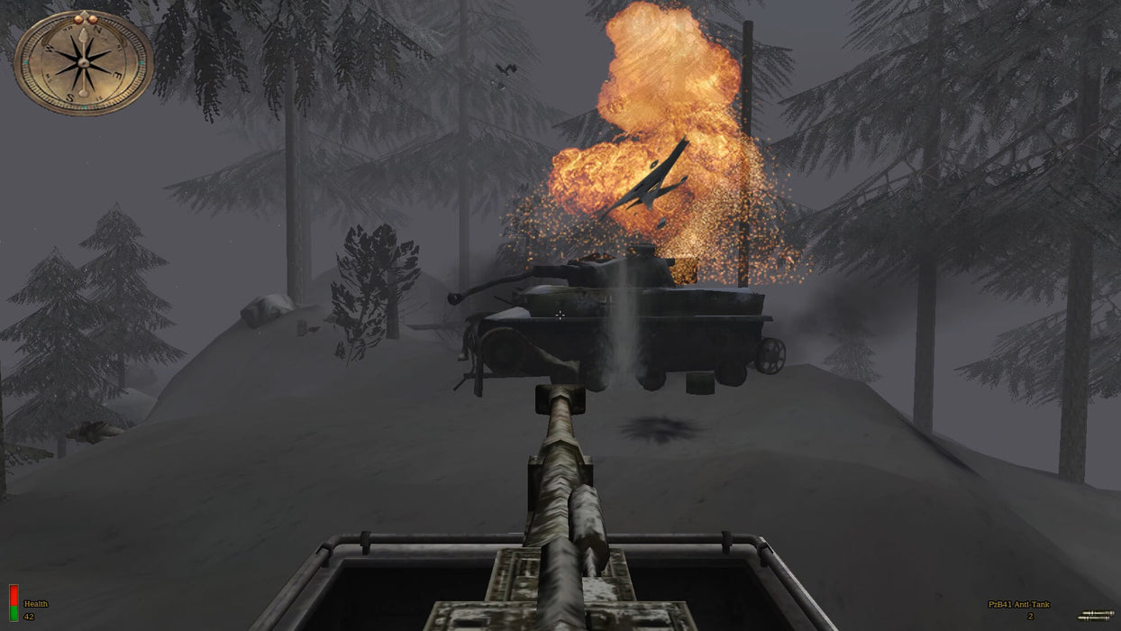 Witness the explosive destruction of a tank in a dark, snowy forest during an epic WWII mission. Find the Medal of Honor: Allied Assault War Chest for PC on GOG at RushGame.co