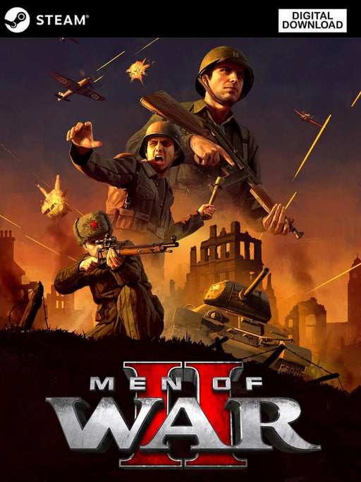 Cover art of Men of War II for PC Steam, depicting intense World War II combat with soldiers, planes, tanks, and ruined city buildings. Get your Steam CD Key for Men of War II now at RushGame.co and lead your army to victory in this immersive real-time strategy game
