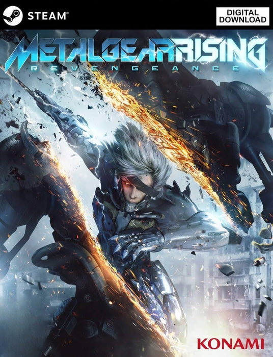 Cover image of Metal Gear Rising: Revengeance for PC Steam, featuring Raiden mid-slash in a high-tech suit against a backdrop of futuristic destruction. Purchase your digital Steam key at RushGame.co and experience fast-paced cybernetic action in this explosive hack-and-slash adventure