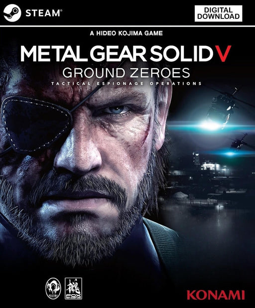 Cover art of Metal Gear Solid V: Ground Zeroes for PC Steam, showcasing a close-up of Big Boss with a gritty expression and helicopters illuminating the night sky in the background. Purchase your Steam key now at RushGame.co and experience the intense prologue to The Phantom Pain in Hideo Kojima’s stealth-action masterpiece.