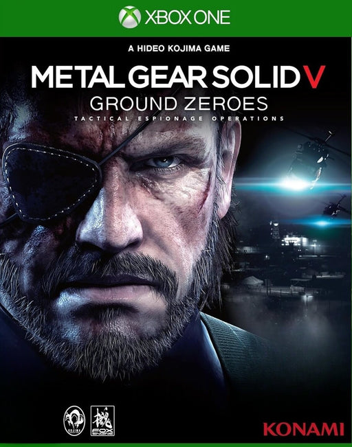 Cover art of Metal Gear Solid V: Ground Zeroes for Xbox One, featuring a detailed close-up of Big Boss with a hardened stare and night-time helicopter assault in the background. Get your Xbox digital code now at RushGame.co and dive into the tactical espionage action in Hideo Kojima’s iconic prequel to The Phantom Pain