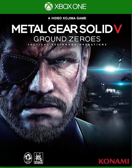 Cover art of Metal Gear Solid V: Ground Zeroes for Xbox One, featuring a detailed close-up of Big Boss with a hardened stare and night-time helicopter assault in the background. Get your Xbox digital code now at RushGame.co and dive into the tactical espionage action in Hideo Kojima’s iconic prequel to The Phantom Pain