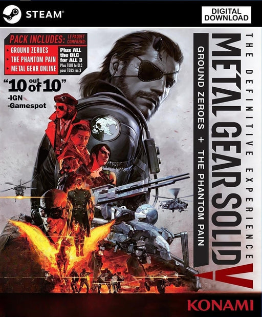 Cover image of Metal Gear Solid V: The Definitive Experience for PC Steam, featuring Big Boss and key characters from Ground Zeroes and The Phantom Pain in a stylized war-torn collage. Buy your Steam key at RushGame.co and dive into Kojima's legendary stealth-action epic with all DLCs included