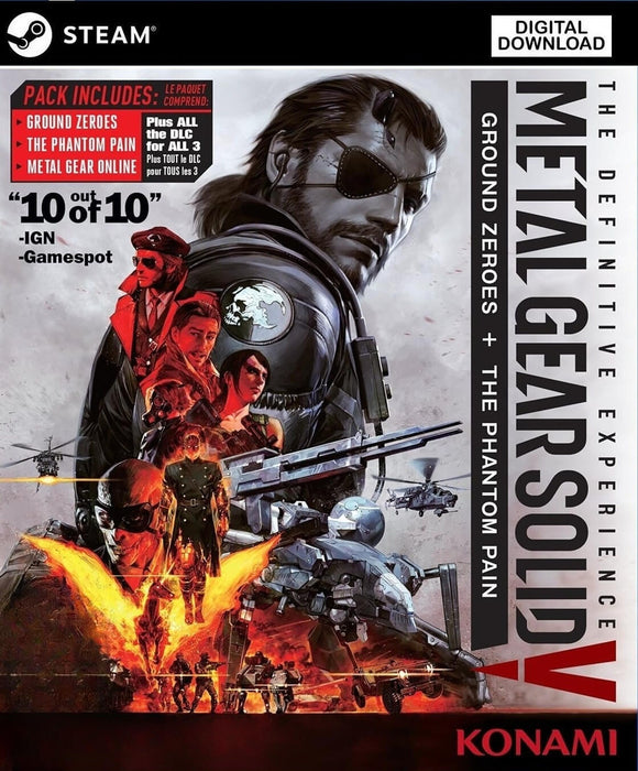 Cover image of Metal Gear Solid V: The Definitive Experience for PC Steam, featuring Big Boss and key characters from Ground Zeroes and The Phantom Pain in a stylized war-torn collage. Buy your Steam key at RushGame.co and dive into Kojima's legendary stealth-action epic with all DLCs included