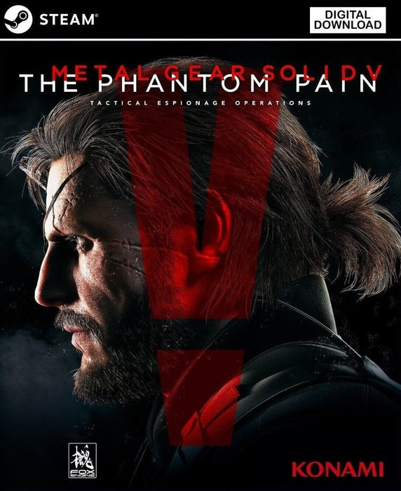 Cover art of Metal Gear Solid V: The Phantom Pain for PC Steam, showing a side profile of Big Boss with a large red "V" overlay, symbolizing vengeance and war. Purchase your Steam game key now at RushGame.co and step into Hideo Kojima’s critically acclaimed open-world tactical espionage thriller