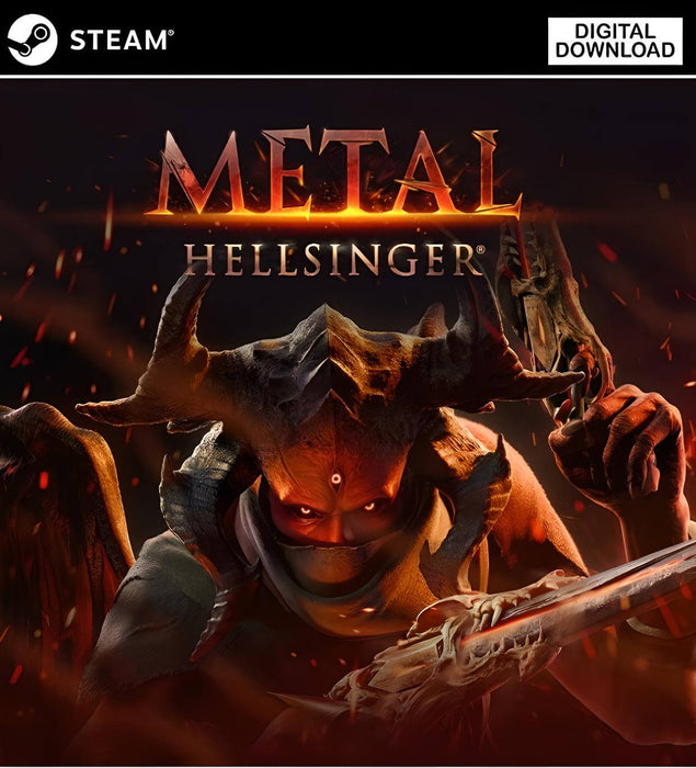 Cover image of Metal: Hellsinger for PC Steam featuring the demonic protagonist with blazing eyes, horned helmet, and fiery weapon. Get your Steam CD key at RushGame.co and unleash rhythmic mayhem in this fast-paced, heavy metal-infused FPS