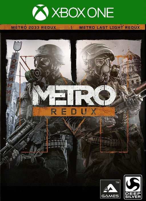 Cover image of Metro 2033 Redux for Xbox One featuring two soldiers in gas masks and tactical gear, set against a war-torn Moscow backdrop. Purchase your Xbox One CD key now at RushGame.co and immerse yourself in the post-apocalyptic survival experience