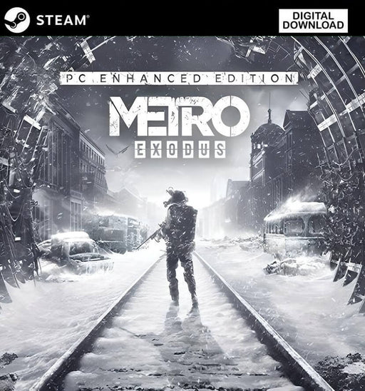 Cover art of Metro Exodus: Enhanced Edition for PC Steam, featuring a lone armed survivor walking through a frozen, post-apocalyptic cityscape with crumbling buildings and abandoned vehicles. Buy your Steam CD Key for Metro Exodus Enhanced Edition now at RushGame.co and experience the ultimate graphical upgrade in this acclaimed survival shooter.