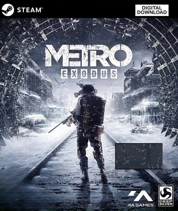  cover image of Metro Exodus for PC Steam, featuring a lone soldier standing on snowy train tracks in a devastated, frozen city. Buy your Metro Exodus Steam key now at RushGame.co and experience a thrilling post-apocalyptic shooter with immersive storytelling.