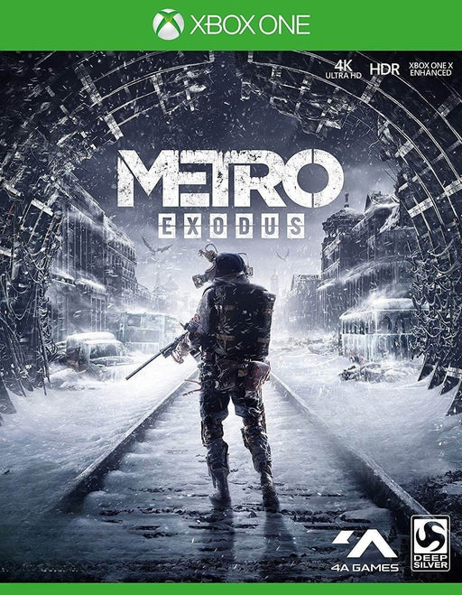 cover art of Metro Exodus for Xbox One, showing a lone survivor with a rifle walking down icy railroad tracks in a post-apocalyptic winter landscape. Purchase your Metro Exodus Xbox One key at RushGame.co and dive into an epic survival shooter in stunning 4K HDR