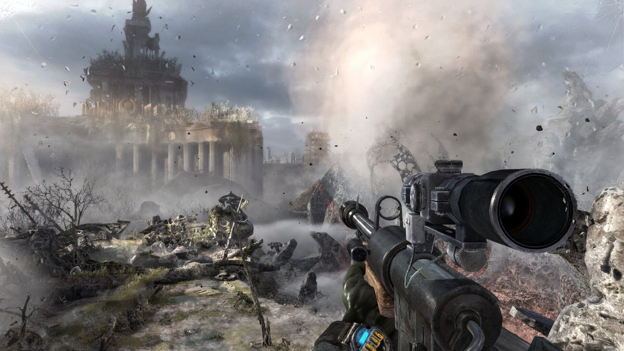 Player aiming with a sniper rifle against the backdrop of ruined buildings in the post-apocalyptic world of Metro Last Light Redux. Buy the game key for PC Steam at RushGame.co