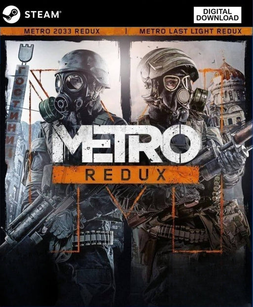 Cover art for Metro Redux Bundle on PC Steam, featuring Metro 2033 Redux and Metro Last Light Redux with iconic masked soldiers in a post-apocalyptic setting. Purchase the Metro Redux Steam CD Key now at RushGame.co for instant digital delivery and immerse yourself in the complete Metro saga