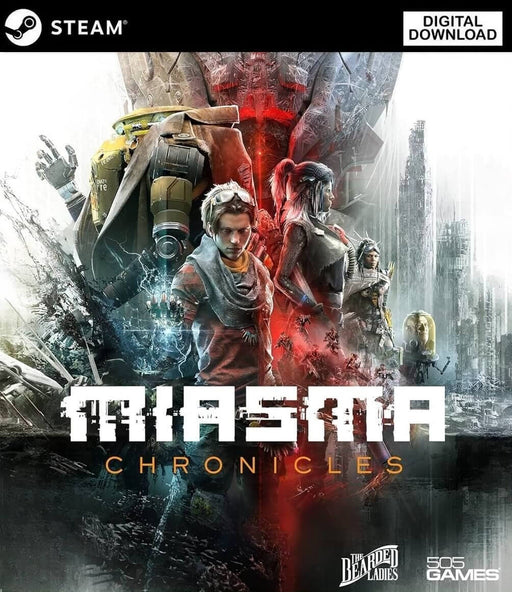 Cover art for Miasma Chronicles PC Steam edition, featuring the main characters in a dystopian, sci-fi landscape with mysterious energy and futuristic ruins. Purchase your Miasma Chronicles Steam CD Key now at RushGame.co for instant digital download and embark on an epic tactical RPG adventure