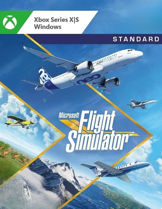 Cover art for Microsoft Flight Simulator Standard Edition on Xbox Series X|S and Windows 10, featuring a variety of aircraft soaring over breathtaking global landscapes. Get your Microsoft Flight Simulator CD Key at RushGame.co for an immersive next-gen flying experience on both console and PC